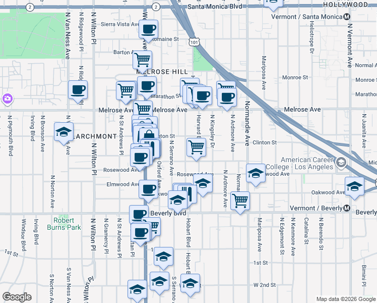 map of restaurants, bars, coffee shops, grocery stores, and more near 4607 West Maplewood Avenue in Los Angeles