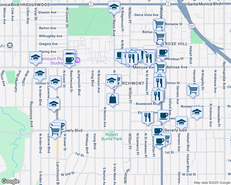 map of restaurants, bars, coffee shops, grocery stores, and more near in Los Angeles
