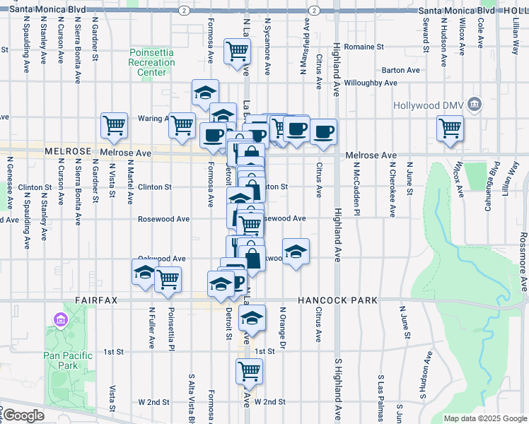 map of restaurants, bars, coffee shops, grocery stores, and more near 450 North Sycamore Avenue in Los Angeles