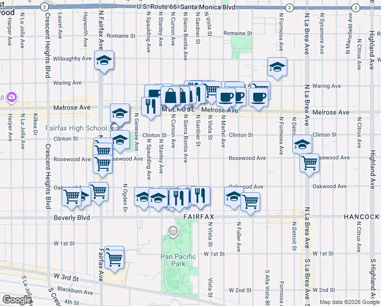 map of restaurants, bars, coffee shops, grocery stores, and more near 465 North Sierra Bonita Avenue in Los Angeles