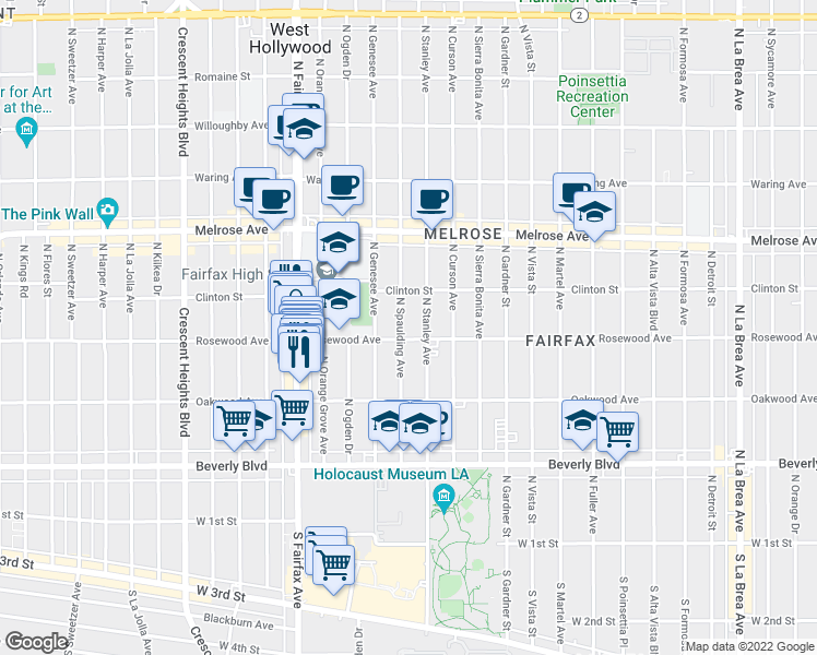 map of restaurants, bars, coffee shops, grocery stores, and more near 461 North Spaulding Avenue in Los Angeles