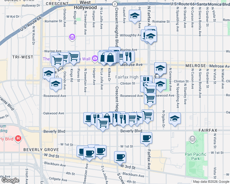 map of restaurants, bars, coffee shops, grocery stores, and more near 464 North Kilkea Drive in Los Angeles