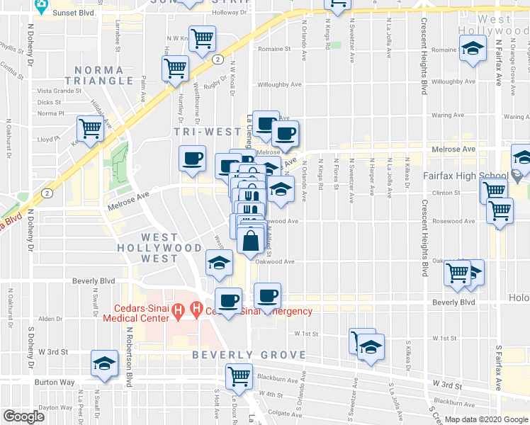 map of restaurants, bars, coffee shops, grocery stores, and more near 469 North Alfred Street in Los Angeles