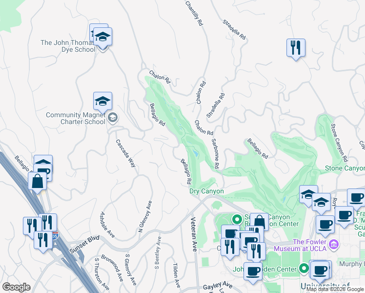 map of restaurants, bars, coffee shops, grocery stores, and more near 10971 Bellagio Road in Los Angeles