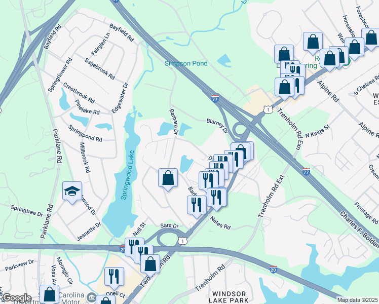 map of restaurants, bars, coffee shops, grocery stores, and more near 1569 Daulton Drive in Columbia