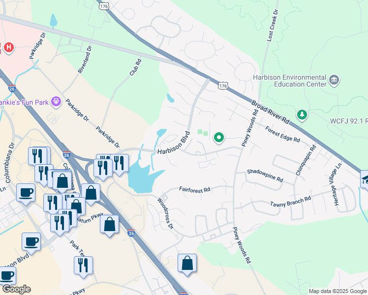 map of restaurants, bars, coffee shops, grocery stores, and more near 105 Hillpine Road in Columbia