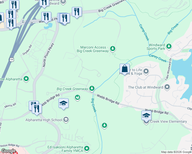 map of restaurants, bars, coffee shops, grocery stores, and more near 3520 Strath Drive in Alpharetta