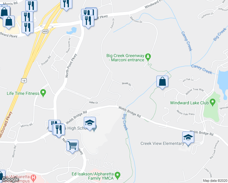map of restaurants, bars, coffee shops, grocery stores, and more near 3541 Strath Drive in Alpharetta