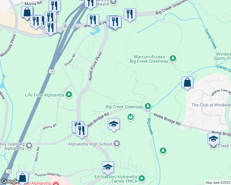 map of restaurants, bars, coffee shops, grocery stores, and more near 900 North Point Parkway in Alpharetta