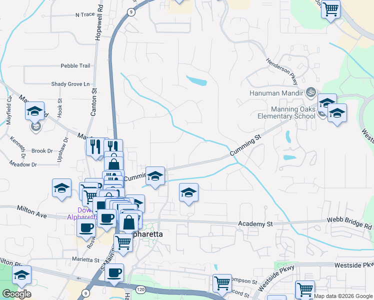 map of restaurants, bars, coffee shops, grocery stores, and more near 145 Cold Creek Drive in Alpharetta
