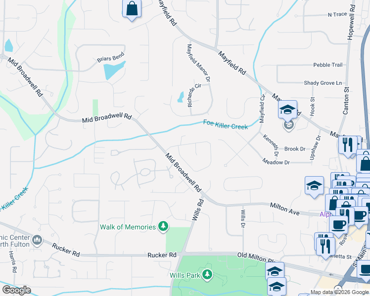 map of restaurants, bars, coffee shops, grocery stores, and more near 1895 Broadwell Oaks Drive in Alpharetta