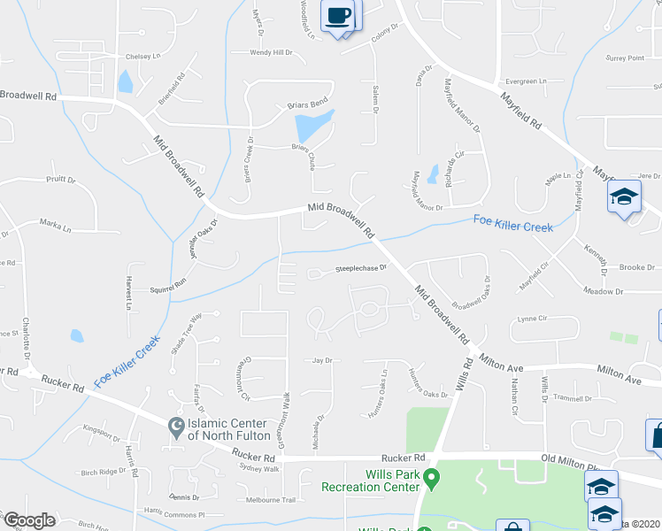map of restaurants, bars, coffee shops, grocery stores, and more near 3079 Steeplechase Drive in Alpharetta
