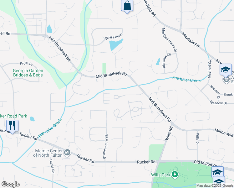 map of restaurants, bars, coffee shops, grocery stores, and more near 3079 Steeplechase Drive in Alpharetta
