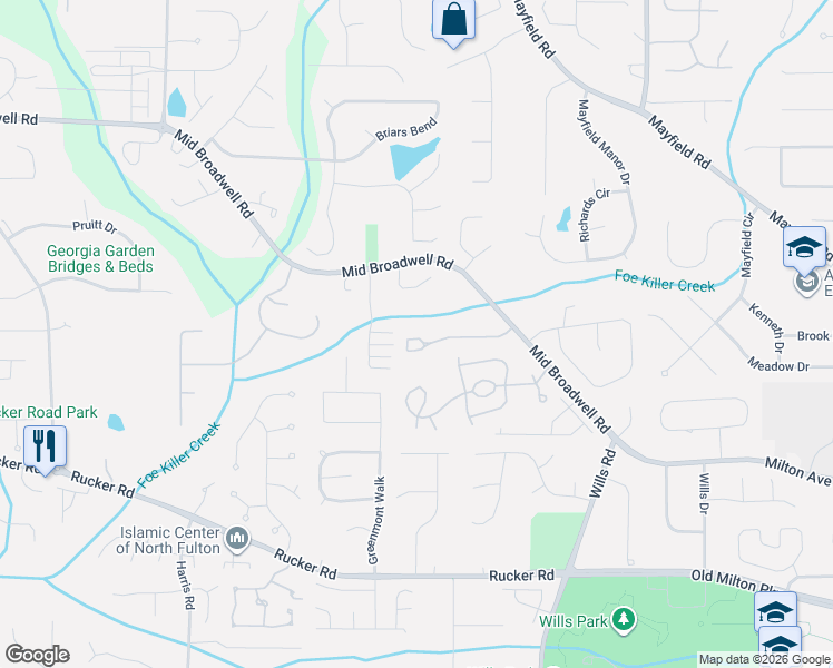 map of restaurants, bars, coffee shops, grocery stores, and more near 3079 Steeplechase Drive in Alpharetta