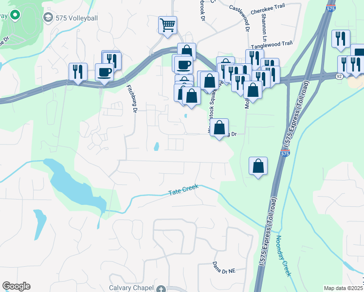map of restaurants, bars, coffee shops, grocery stores, and more near 510 Cooper Lane in Woodstock
