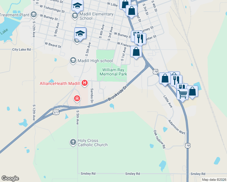 map of restaurants, bars, coffee shops, grocery stores, and more near 200-202 Brookside Drive in Madill