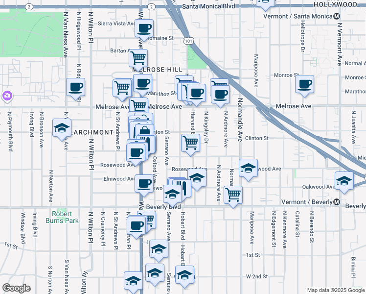 map of restaurants, bars, coffee shops, grocery stores, and more near 4607 West Maplewood Avenue in Los Angeles