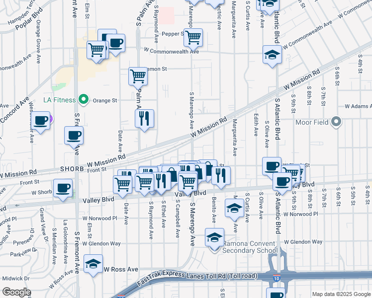map of restaurants, bars, coffee shops, grocery stores, and more near 1712 Front Street in Alhambra