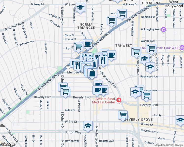 map of restaurants, bars, coffee shops, grocery stores, and more near 8758 Rangely Avenue in West Hollywood