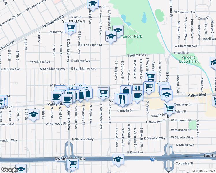 map of restaurants, bars, coffee shops, grocery stores, and more near 1221 South Almansor Street in Alhambra
