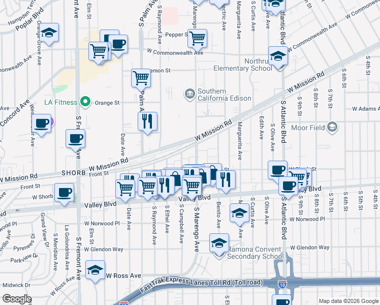 map of restaurants, bars, coffee shops, grocery stores, and more near 1100 South Campbell Avenue in Alhambra
