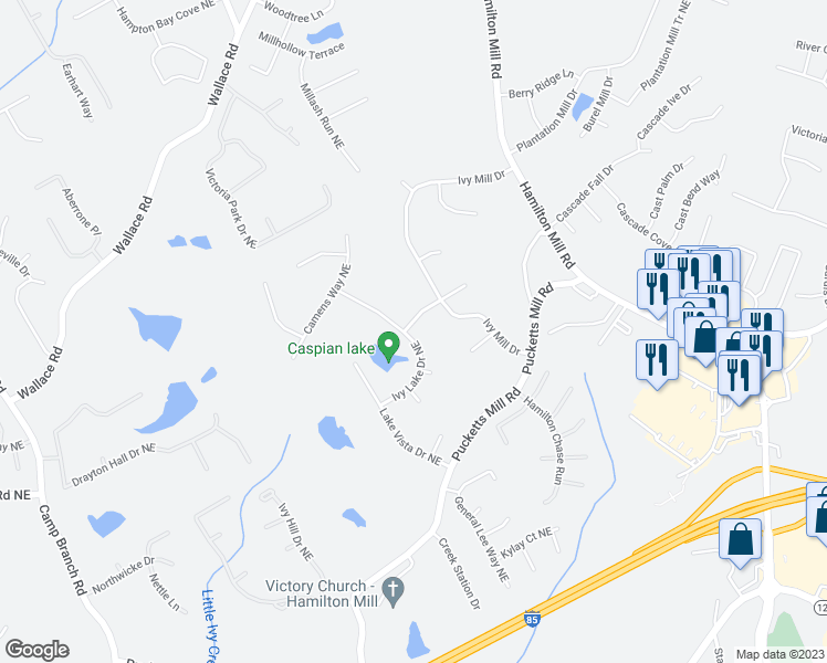 map of restaurants, bars, coffee shops, grocery stores, and more near 3305 Ivy Lake Drive Northeast in Buford
