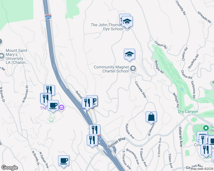 map of restaurants, bars, coffee shops, grocery stores, and more near 789 Linda Flora Drive in Los Angeles