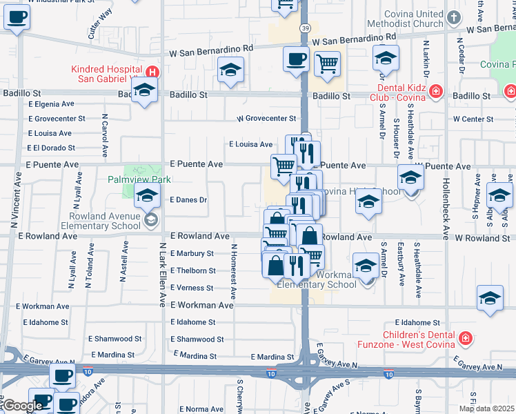 map of restaurants, bars, coffee shops, grocery stores, and more near 1653 Rosewell Road in West Covina
