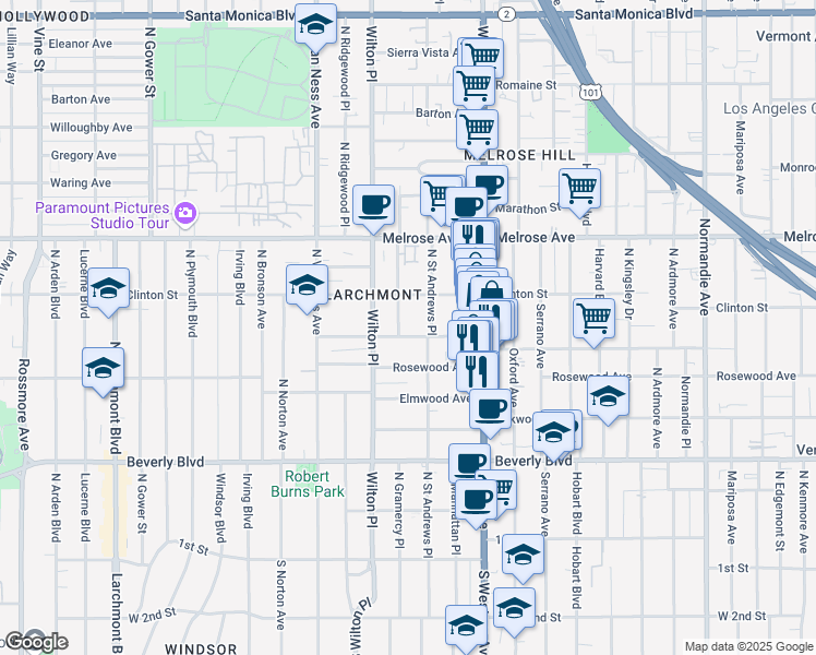 map of restaurants, bars, coffee shops, grocery stores, and more near 5025 West Maplewood Avenue in Los Angeles