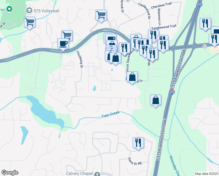 map of restaurants, bars, coffee shops, grocery stores, and more near 510 Cooper Lane in Woodstock