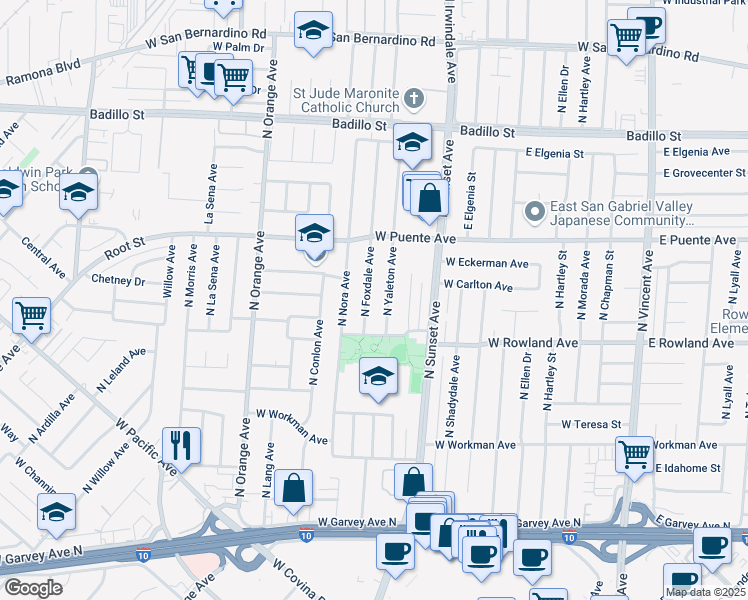 map of restaurants, bars, coffee shops, grocery stores, and more near 524 North Foxdale Avenue in West Covina