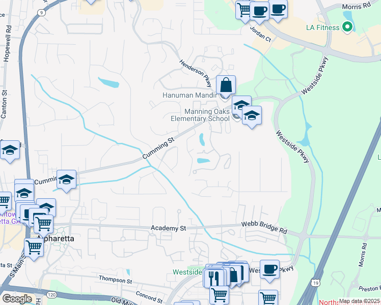 map of restaurants, bars, coffee shops, grocery stores, and more near 107 Sterling Court in Alpharetta
