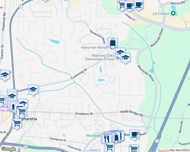 map of restaurants, bars, coffee shops, grocery stores, and more near 118 Sterling Court in Alpharetta