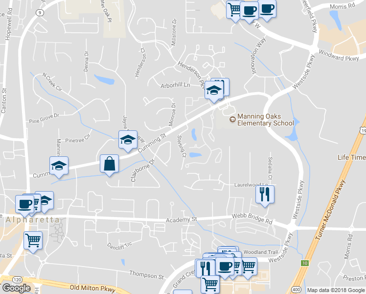 map of restaurants, bars, coffee shops, grocery stores, and more near 101 Sterling Court in Alpharetta