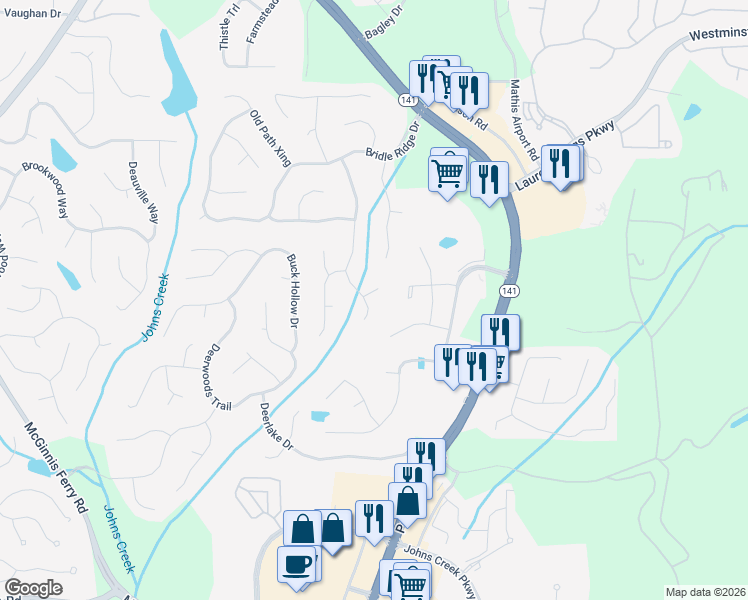 map of restaurants, bars, coffee shops, grocery stores, and more near 3840 Bridle Creek Drive in Suwanee
