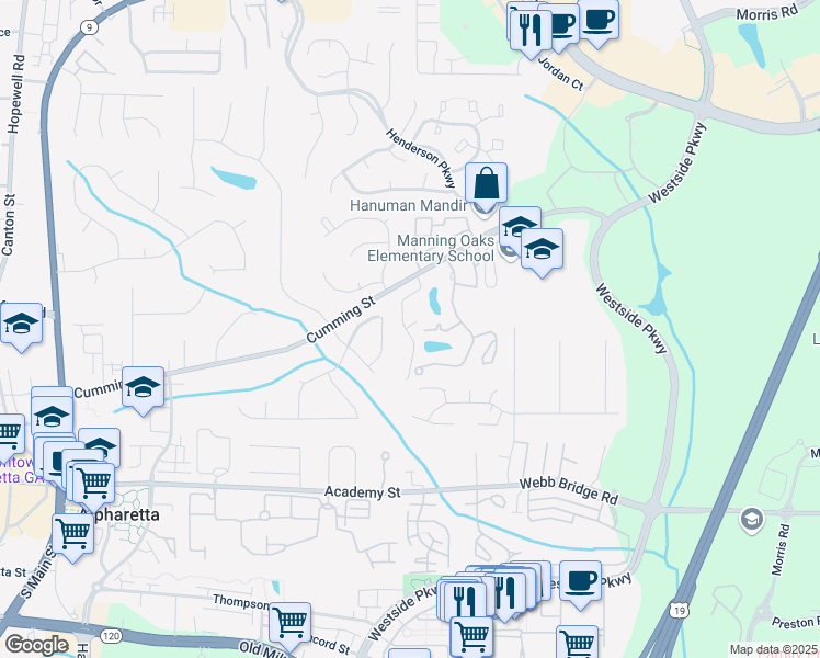 map of restaurants, bars, coffee shops, grocery stores, and more near 124 Sterling Court in Alpharetta