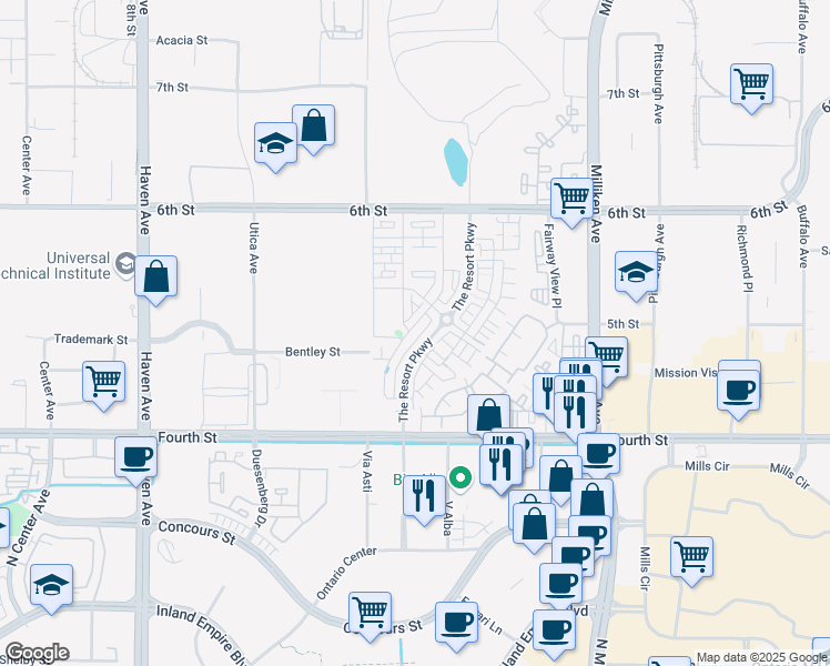 map of restaurants, bars, coffee shops, grocery stores, and more near 11010 Summertree Drive in Rancho Cucamonga