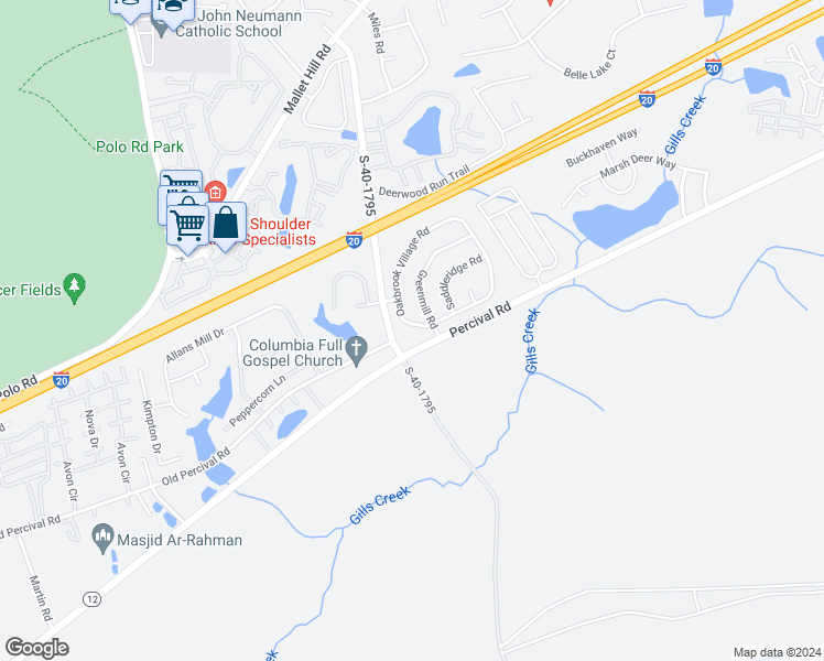 map of restaurants, bars, coffee shops, grocery stores, and more near 528 Oakbrook Village Road in Columbia