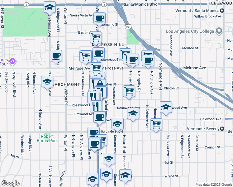 map of restaurants, bars, coffee shops, grocery stores, and more near 502 North Serrano Avenue in Los Angeles