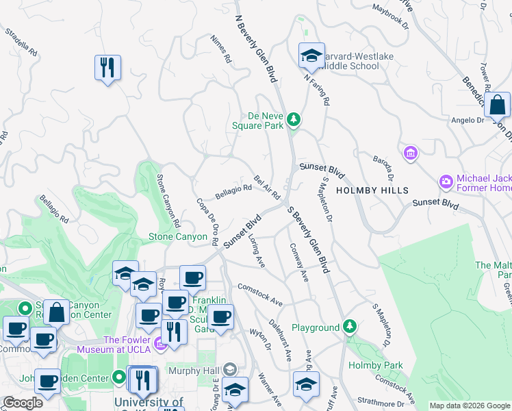 map of restaurants, bars, coffee shops, grocery stores, and more near 10425 Sunset Boulevard in Los Angeles