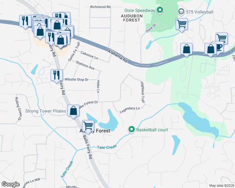map of restaurants, bars, coffee shops, grocery stores, and more near 228 Lake Forest Drive in Acworth