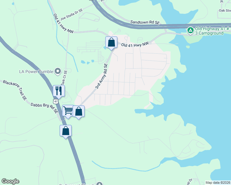 map of restaurants, bars, coffee shops, grocery stores, and more near 132 Oak Beach Drive Southeast in Acworth
