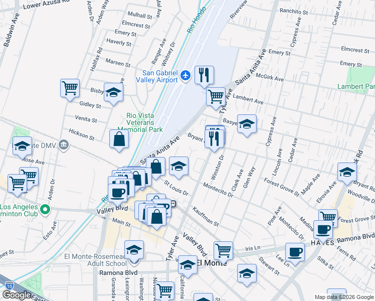 map of restaurants, bars, coffee shops, grocery stores, and more near 3820 Riverview Avenue in El Monte