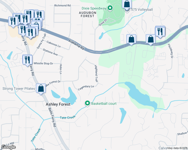 map of restaurants, bars, coffee shops, grocery stores, and more near 5161 Highland Trail in Acworth