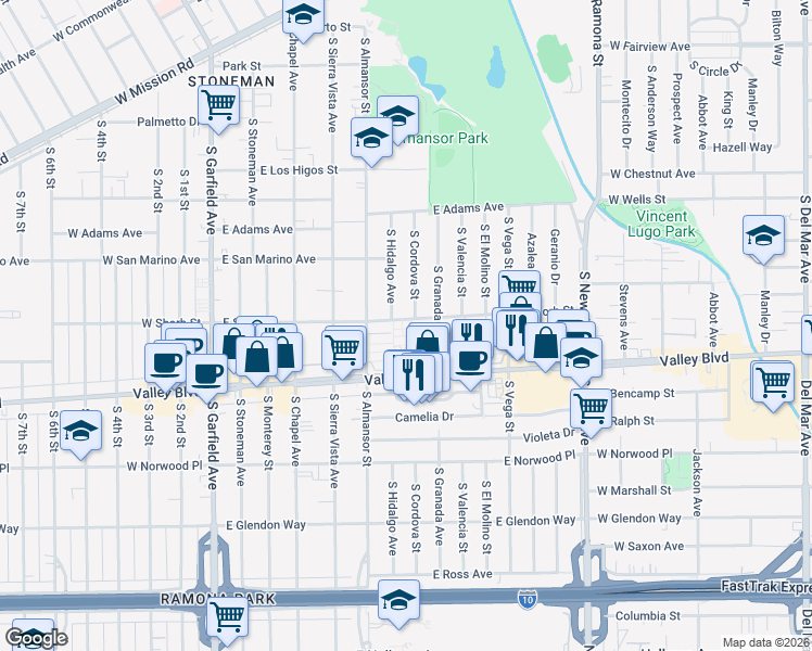map of restaurants, bars, coffee shops, grocery stores, and more near 777 East Valley Boulevard in Alhambra
