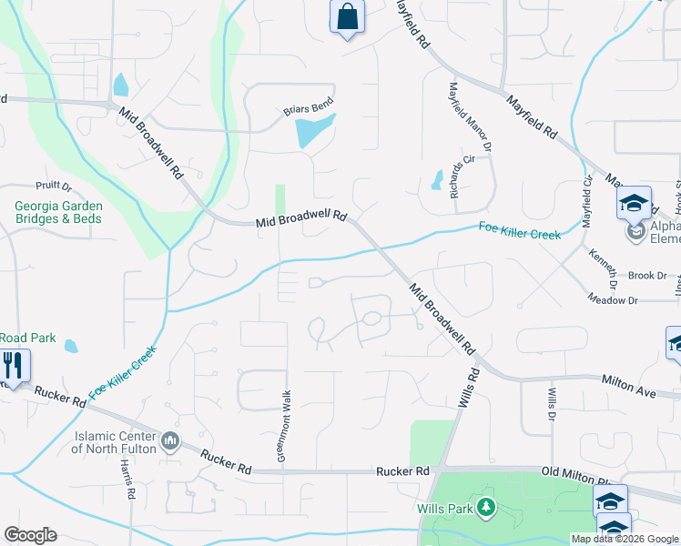 map of restaurants, bars, coffee shops, grocery stores, and more near 3032 Steeplechase Drive in Alpharetta