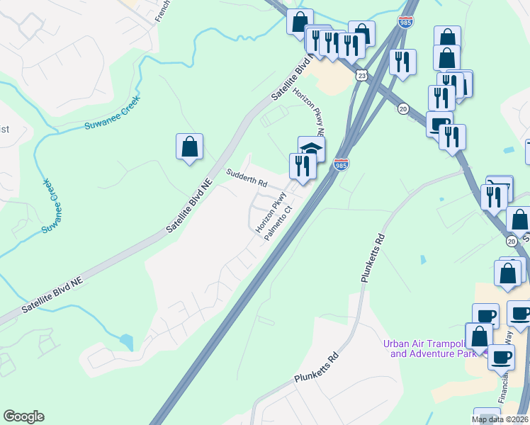 map of restaurants, bars, coffee shops, grocery stores, and more near 1555 Horizon Parkway in Buford