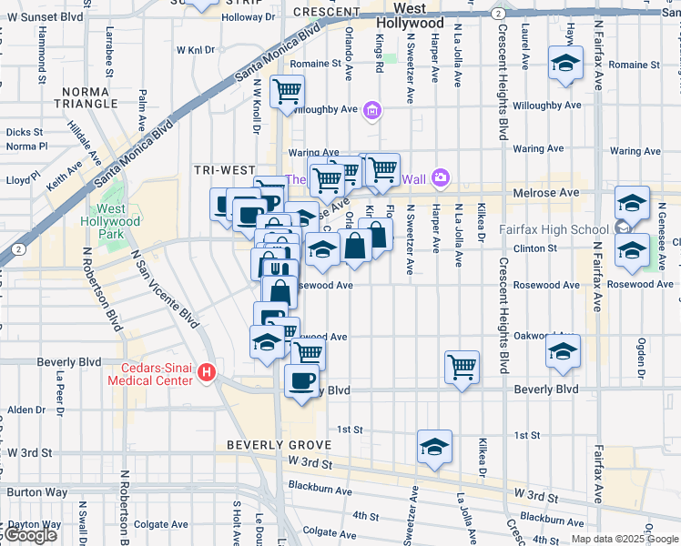 map of restaurants, bars, coffee shops, grocery stores, and more near 468 North Croft Avenue in Los Angeles