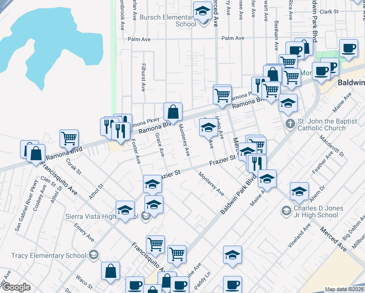 map of restaurants, bars, coffee shops, grocery stores, and more near 3759 Monterey Avenue in Baldwin Park