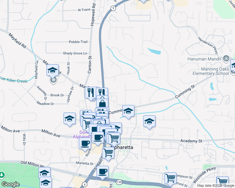 map of restaurants, bars, coffee shops, grocery stores, and more near 160 Manning Drive in Alpharetta